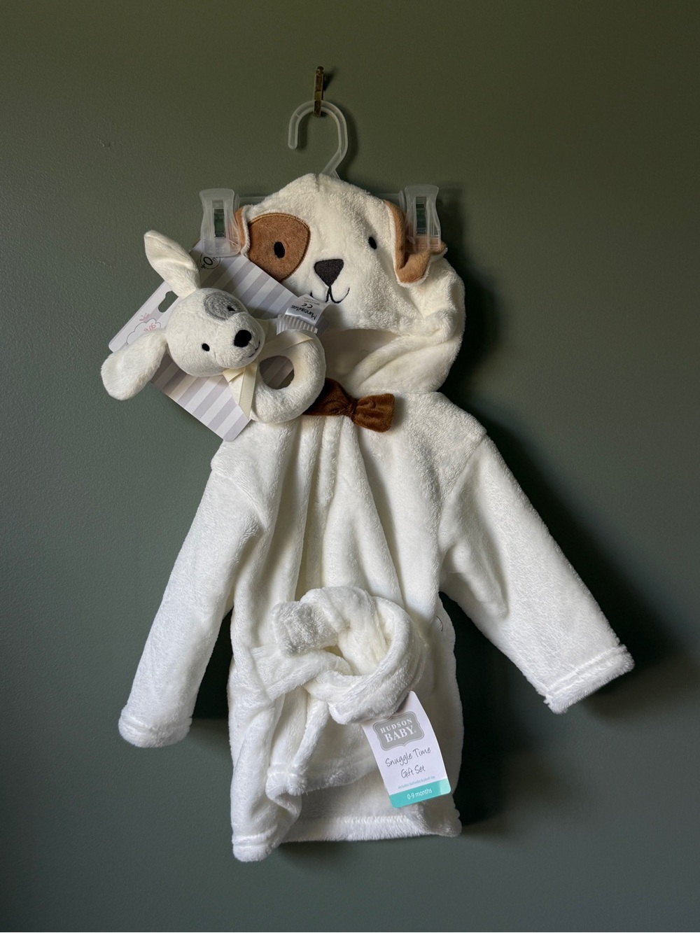 Plush Infant Hooded Bathrobe with Puppy Hood - Ivory & Puppy rattle toy